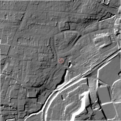 Shaded relief map of the ground around WR38EA, computed from Environment Agency LiDAR. The ground here sits at about 23 m above sea level and falls 31 m across the surrounding 800 m. Surface water reaching this point runs off ground lying to the north-west, 6.3 m higher.