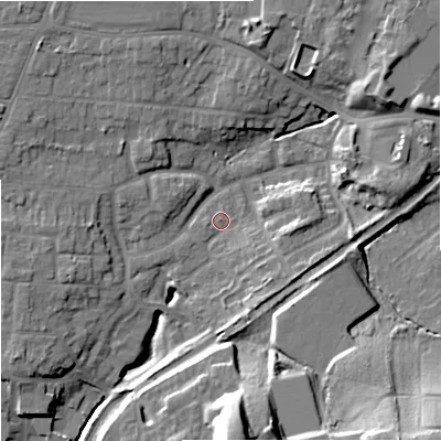Shaded relief map of the ground around WR38ED, computed from Environment Agency LiDAR. The ground here sits at about 23 m above sea level and falls 28 m across the surrounding 800 m. Surface water reaching this point runs off ground lying to the south-west, 1.7 m higher.