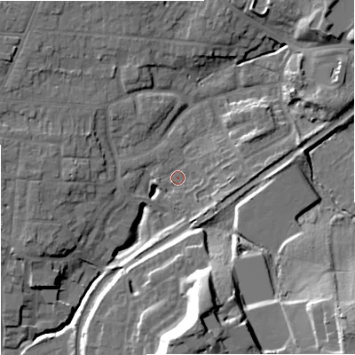 Shaded relief map of the ground around WR38EE, computed from Environment Agency LiDAR. The ground here sits at about 23 m above sea level and falls 31 m across the surrounding 800 m. Surface water reaching this point runs off ground lying to the north-east, 12.4 m higher.