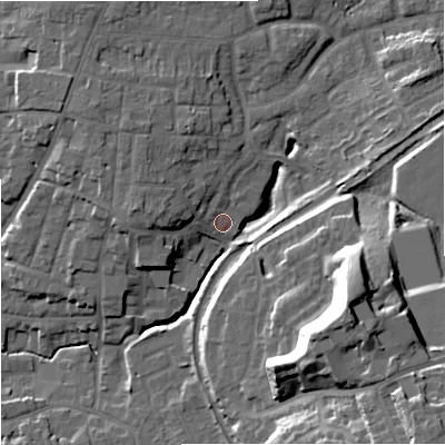 Shaded relief map of the ground around WR38HZ, computed from Environment Agency LiDAR. The ground here sits at about 22 m above sea level and falls 32 m across the surrounding 800 m. Surface water reaching this point runs off ground lying to the north-west, 5.3 m higher.