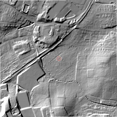 Shaded relief map of the ground around WR38PN, computed from Environment Agency LiDAR. The ground here sits at about 24 m above sea level and falls 26 m across the surrounding 800 m. Surface water reaching this point runs off ground lying to the south, 21.3 m higher.