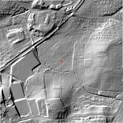 Shaded relief map of the ground around WR38PP, computed from Environment Agency LiDAR. The ground here sits at about 25 m above sea level and falls 25 m across the surrounding 800 m. Surface water reaching this point runs off ground lying to the south-south-west, 20.6 m higher.