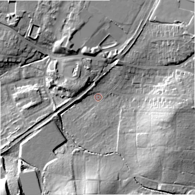 Shaded relief map of the ground around WR38PW, computed from Environment Agency LiDAR. The ground here sits at about 24 m above sea level and falls 23 m across the surrounding 800 m. Surface water reaching this point runs off ground lying to the south, 16.5 m higher.