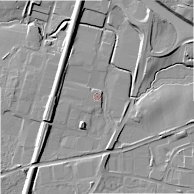 Shaded relief map of the ground around WR38SG, computed from Environment Agency LiDAR. The ground here sits at about 31 m above sea level and falls 19 m across the surrounding 800 m. Surface water reaching this point runs off ground lying to the south-south-west, 7.4 m higher.