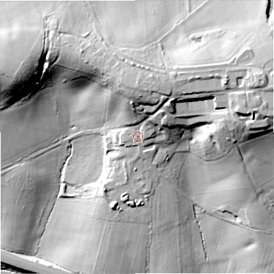 Shaded relief map of the ground around WR38SS, computed from Environment Agency LiDAR. The ground here sits at about 49 m above sea level and falls 39 m across the surrounding 800 m. Surface water reaching this point runs off ground lying to the north, 16.6 m higher.