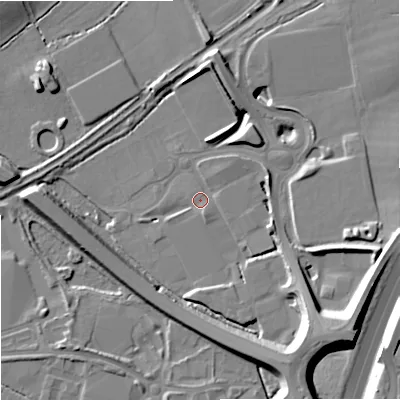 Shaded relief map of the ground around WR38ZE, computed from Environment Agency LiDAR. The ground here sits at about 35 m above sea level and falls 16 m across the surrounding 800 m. Surface water reaching this point runs off ground lying to the south-east, 14.0 m higher.