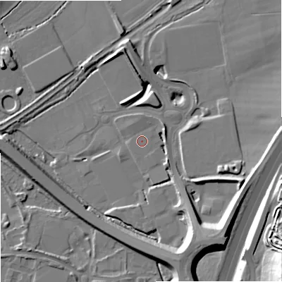 Shaded relief map of the ground around WR38ZF, computed from Environment Agency LiDAR. The ground here sits at about 36 m above sea level and falls 29 m across the surrounding 800 m. Surface water reaching this point runs off ground lying to the south-east, 14.0 m higher.