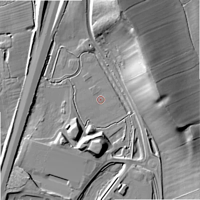 Shaded relief map of the ground around WR40AN, computed from Environment Agency LiDAR. The ground here sits at about 39 m above sea level and falls 32 m across the surrounding 800 m. Surface water reaching this point runs off ground lying to the east-south-east, 2.1 m higher.