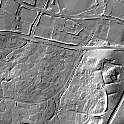 Shaded relief map of the ground around WR40LD, computed from Environment Agency LiDAR. The ground here sits at about 36 m above sea level and falls 21 m across the surrounding 800 m. Surface water reaching this point runs off ground lying to the south-west, 5.3 m higher.