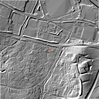 Shaded relief map of the ground around WR40LJ, computed from Environment Agency LiDAR. The ground here sits at about 36 m above sea level and falls 21 m across the surrounding 800 m. Surface water reaching this point runs off ground lying to the south-east, 19.5 m higher.