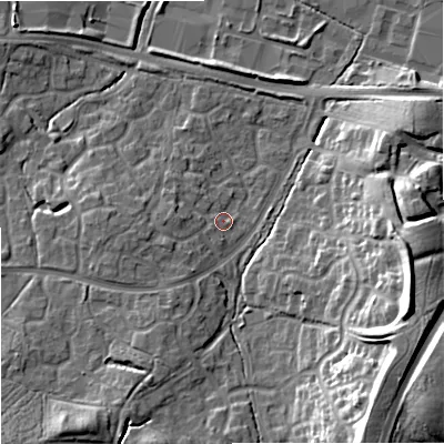 Shaded relief map of the ground around WR40QY, computed from Environment Agency LiDAR. The ground here sits at about 38 m above sea level and falls 20 m across the surrounding 800 m. Surface water reaching this point runs off ground lying to the west-south-west, 3.9 m higher.