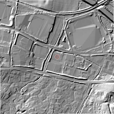 Shaded relief map of the ground around WR49FA, computed from Environment Agency LiDAR. The ground here sits at about 35 m above sea level and falls 18 m across the surrounding 800 m. Surface water reaching this point runs off ground lying to the south-south-west, 8.3 m higher.