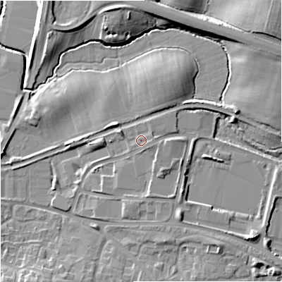 Shaded relief map of the ground around WR49ND, computed from Environment Agency LiDAR. The ground here sits at about 33 m above sea level and falls 14 m across the surrounding 800 m. Surface water reaching this point runs off ground lying to the east-south-east, 1.1 m higher.