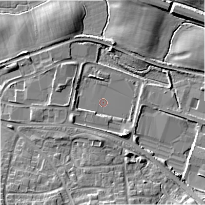 Shaded relief map of the ground around WR49NF, computed from Environment Agency LiDAR. The ground here sits at about 31 m above sea level and falls 10 m across the surrounding 800 m. Surface water reaching this point runs off ground lying to the south-east, 8.5 m higher.