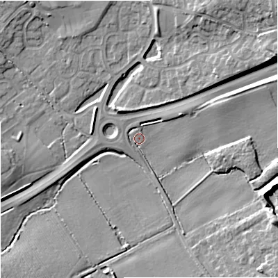 Shaded relief map of the ground around WR52PF, computed from Environment Agency LiDAR. The ground here sits at about 28 m above sea level and falls 17 m across the surrounding 800 m. Surface water reaching this point runs off ground lying to the north-east, 4.0 m higher.