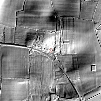 Shaded relief map of the ground around WR52RS, computed from Environment Agency LiDAR. The ground here sits at about 50 m above sea level and falls 24 m across the surrounding 800 m. Surface water reaching this point runs off ground lying to the south-west, 1.7 m higher.