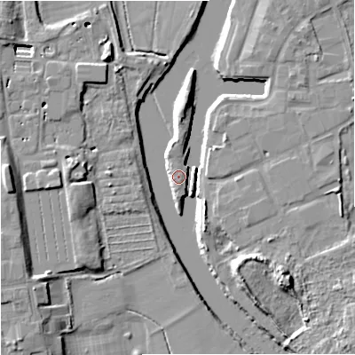Shaded relief map of the ground around WR53BS, computed from Environment Agency LiDAR. The ground here sits at about 15 m above sea level and falls 17 m across the surrounding 800 m. Surface water reaching this point runs off ground lying to the west, 12.3 m higher.