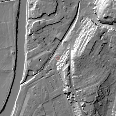 Shaded relief map of the ground around WR53BW, computed from Environment Agency LiDAR. The ground here sits at about 18 m above sea level and falls 30 m across the surrounding 800 m. Surface water reaching this point runs off ground lying to the south-east, 9.1 m higher.