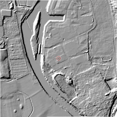Shaded relief map of the ground around WR53BX, computed from Environment Agency LiDAR. The ground here sits at about 16 m above sea level and falls 19 m across the surrounding 800 m. The ground contributing surface water to this point lies to the north-east.