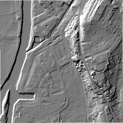 Shaded relief map of the ground around WR53DD, computed from Environment Agency LiDAR. The ground here sits at about 16 m above sea level and falls 24 m across the surrounding 800 m. Surface water reaching this point runs off ground lying to the north-east, 16.0 m higher.