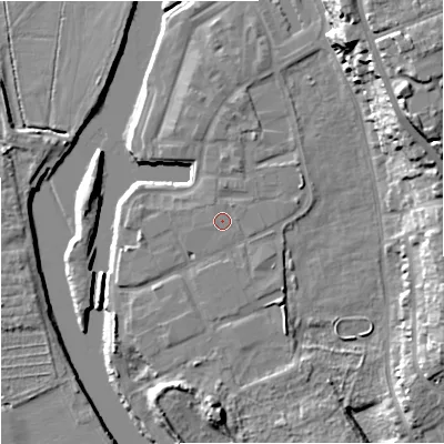 Shaded relief map of the ground around WR53DE, computed from Environment Agency LiDAR. The ground here sits at about 16 m above sea level and falls 23 m across the surrounding 800 m. The ground contributing surface water to this point lies to the north-north-east.