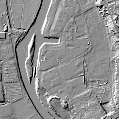 Shaded relief map of the ground around WR53DF, computed from Environment Agency LiDAR. The ground here sits at about 16 m above sea level and falls 23 m across the surrounding 800 m. Surface water reaching this point runs off ground lying to the north-east, 0.7 m higher.