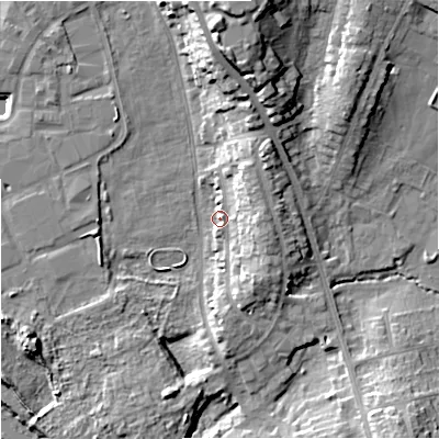 Shaded relief map of the ground around WR53DU, computed from Environment Agency LiDAR. The ground here sits at about 16 m above sea level and falls 22 m across the surrounding 800 m. Surface water reaching this point runs off ground lying to the east, 10.9 m higher.