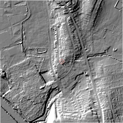 Shaded relief map of the ground around WR53DX, computed from Environment Agency LiDAR. The ground here sits at about 21 m above sea level and falls 21 m across the surrounding 800 m. Surface water reaching this point runs off ground lying to the east-north-east, 2.5 m higher.