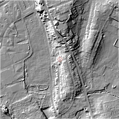 Shaded relief map of the ground around WR53EA, computed from Environment Agency LiDAR. The ground here sits at about 19 m above sea level and falls 21 m across the surrounding 800 m. Surface water reaching this point runs off ground lying to the east-north-east, 7.9 m higher.