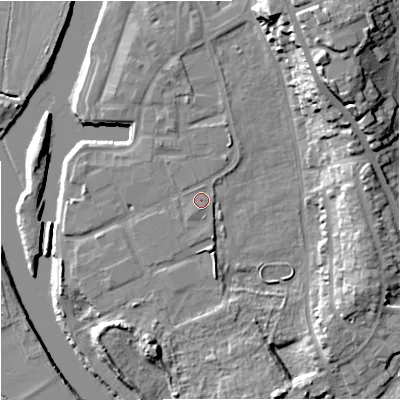 Shaded relief map of the ground around WR53EF, computed from Environment Agency LiDAR. The ground here sits at about 16 m above sea level and falls 23 m across the surrounding 800 m. Surface water reaching this point runs off ground lying to the north-north-east, 19.0 m higher.