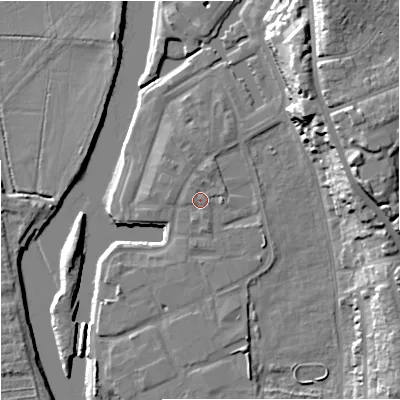 Shaded relief map of the ground around WR53FB, computed from Environment Agency LiDAR. The ground here sits at about 17 m above sea level and falls 23 m across the surrounding 800 m. Surface water reaching this point runs off ground lying to the north-west, 0.9 m higher.