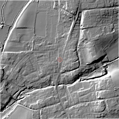 Shaded relief map of the ground around WR53FL, computed from Environment Agency LiDAR. The ground here sits at about 16 m above sea level and falls 14 m across the surrounding 800 m. Surface water reaching this point runs off ground lying to the north-east, 3.1 m higher.