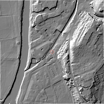 Shaded relief map of the ground around WR53FN, computed from Environment Agency LiDAR. The ground here sits at about 16 m above sea level and falls 29 m across the surrounding 800 m. Surface water reaching this point runs off ground lying to the north-east, 24.8 m higher.
