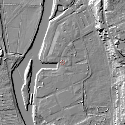 Shaded relief map of the ground around WR53FQ, computed from Environment Agency LiDAR. The ground here sits at about 16 m above sea level and falls 23 m across the surrounding 800 m. Surface water reaching this point runs off ground lying to the north-north-east, 1.4 m higher.