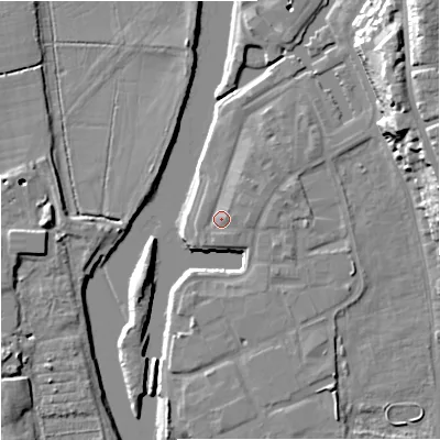 Shaded relief map of the ground around WR53FR, computed from Environment Agency LiDAR. The ground here sits at about 16 m above sea level and falls 29 m across the surrounding 800 m. Surface water reaching this point runs off ground lying to the east-north-east, 2.0 m higher.