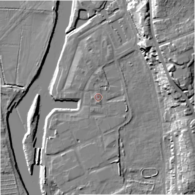 Shaded relief map of the ground around WR53FU, computed from Environment Agency LiDAR. The ground here sits at about 17 m above sea level and falls 23 m across the surrounding 800 m. Surface water reaching this point runs off ground lying to the south-south-east, 0.9 m higher.