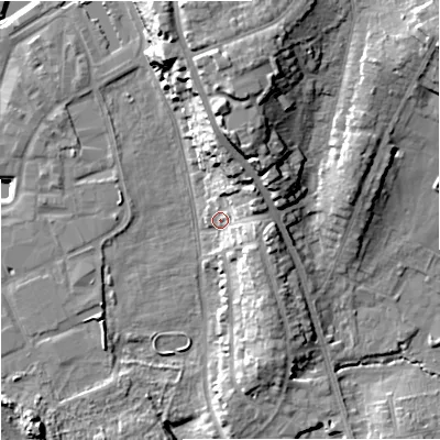 Shaded relief map of the ground around WR53FX, computed from Environment Agency LiDAR. The ground here sits at about 17 m above sea level and falls 22 m across the surrounding 800 m. Surface water reaching this point runs off ground lying to the north-east, 11.0 m higher.