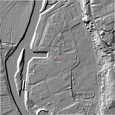 Shaded relief map of the ground around WR53FY, computed from Environment Agency LiDAR. The ground here sits at about 16 m above sea level and falls 23 m across the surrounding 800 m. Surface water reaching this point runs off ground lying to the north, 1.0 m higher.