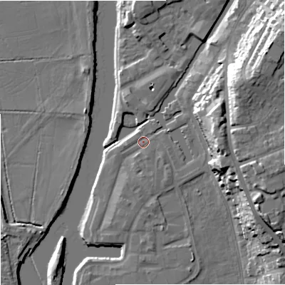 Shaded relief map of the ground around WR53GA, computed from Environment Agency LiDAR. The ground here sits at about 16 m above sea level and falls 24 m across the surrounding 800 m. Surface water reaching this point runs off ground lying to the south-south-east, 1.2 m higher.