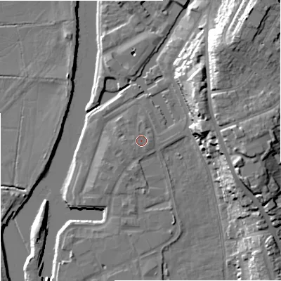 Shaded relief map of the ground around WR53GB, computed from Environment Agency LiDAR. The ground here sits at about 17 m above sea level and falls 24 m across the surrounding 800 m. Surface water reaching this point runs off ground lying to the east, 0.6 m higher.