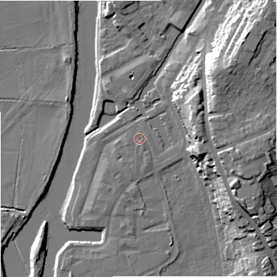 Shaded relief map of the ground around WR53GD, computed from Environment Agency LiDAR. The ground here sits at about 16 m above sea level and falls 24 m across the surrounding 800 m. Surface water reaching this point runs off ground lying to the south-south-east, 1.0 m higher.