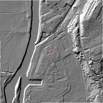 Shaded relief map of the ground around WR53GF, computed from Environment Agency LiDAR. The ground here sits at about 17 m above sea level and falls 24 m across the surrounding 800 m. Surface water reaching this point runs off ground lying to the east-south-east, 0.6 m higher.
