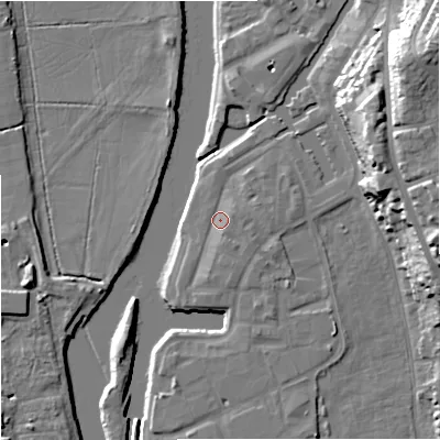 Shaded relief map of the ground around WR53GH, computed from Environment Agency LiDAR. The ground here sits at about 16 m above sea level and falls 29 m across the surrounding 800 m. Surface water reaching this point runs off ground lying to the east-north-east, 2.3 m higher.
