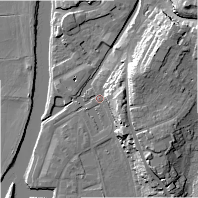 Shaded relief map of the ground around WR53GL, computed from Environment Agency LiDAR. The ground here sits at about 16 m above sea level and falls 29 m across the surrounding 800 m. Surface water reaching this point runs off ground lying to the south-east, 16.0 m higher.