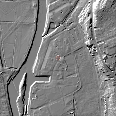 Shaded relief map of the ground around WR53GT, computed from Environment Agency LiDAR. The ground here sits at about 17 m above sea level and falls 24 m across the surrounding 800 m. Surface water reaching this point runs off ground lying to the east-south-east, 0.9 m higher.