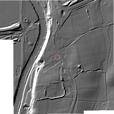 Shaded relief map of the ground around WR53HR, computed from Environment Agency LiDAR. The ground here sits at about 26 m above sea level and falls 21 m across the surrounding 800 m. Surface water reaching this point runs off ground lying to the north, 2.9 m higher.