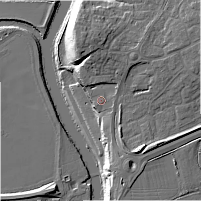 Shaded relief map of the ground around WR53HW, computed from Environment Agency LiDAR. The ground here sits at about 23 m above sea level and falls 22 m across the surrounding 800 m. Surface water reaching this point runs off ground lying to the east-north-east, 1.7 m higher.