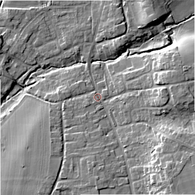 Shaded relief map of the ground around WR53JA, computed from Environment Agency LiDAR. The ground here sits at about 16 m above sea level and falls 15 m across the surrounding 800 m. Surface water reaching this point runs off ground lying to the south-east, 11.2 m higher.
