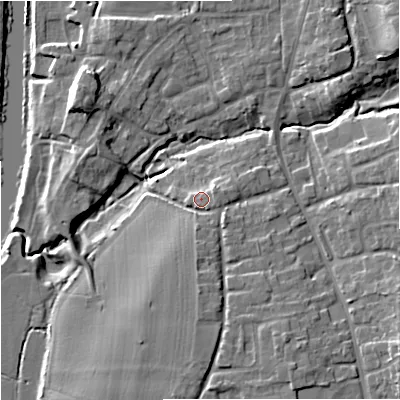 Shaded relief map of the ground around WR53JD, computed from Environment Agency LiDAR. The ground here sits at about 17 m above sea level and falls 12 m across the surrounding 800 m. Surface water reaching this point runs off ground lying to the south, 2.6 m higher.