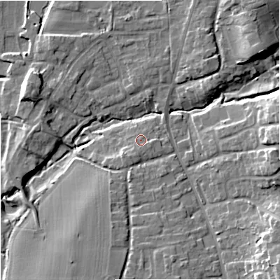Shaded relief map of the ground around WR53JE, computed from Environment Agency LiDAR. The ground here sits at about 16 m above sea level and falls 15 m across the surrounding 800 m. Surface water reaching this point runs off ground lying to the south, 1.4 m higher.